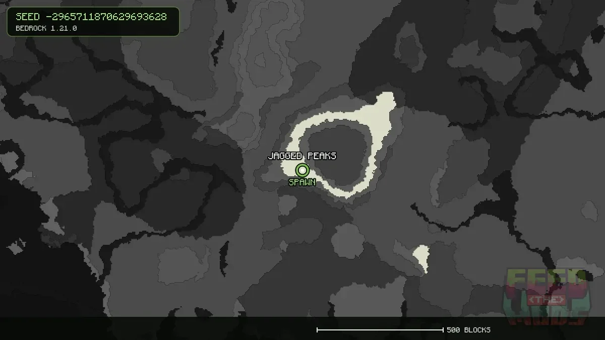 Jagged Peaks highlighted, 0 blocks from spawn