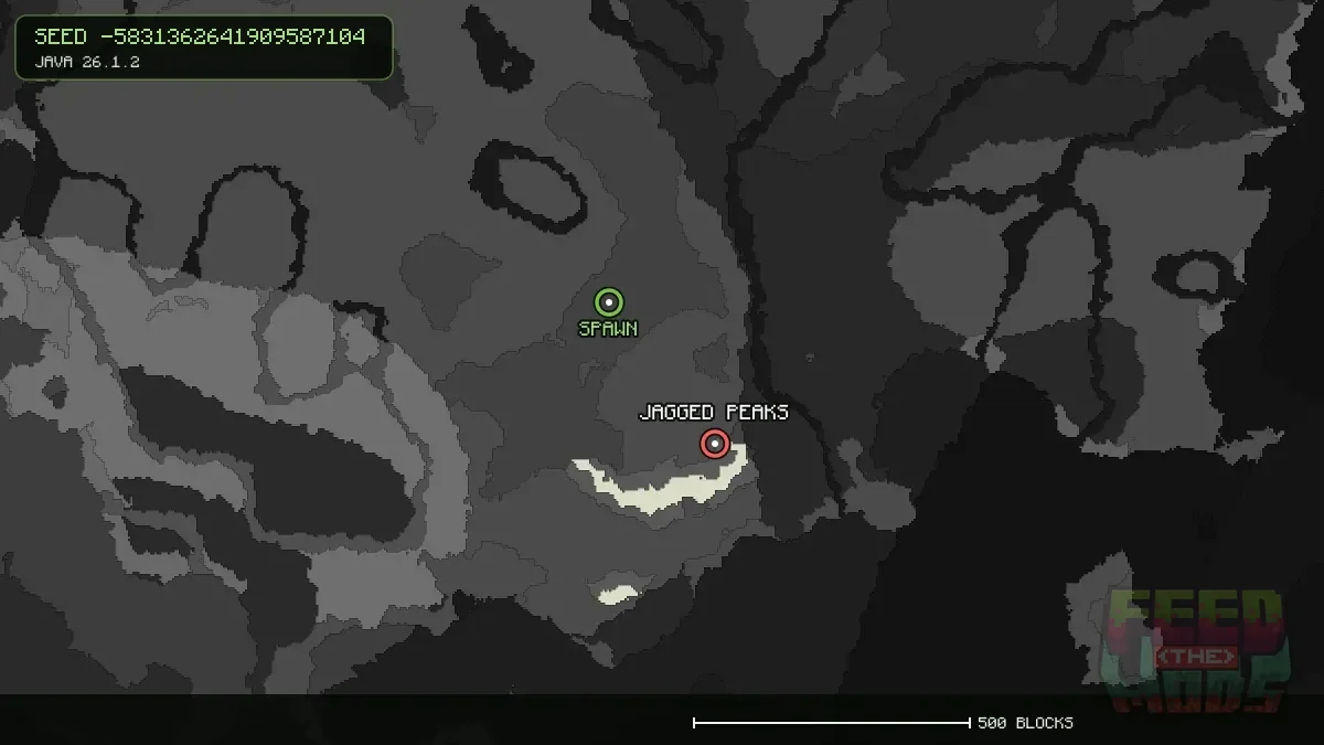 Jagged Peaks highlighted, 320 blocks from spawn