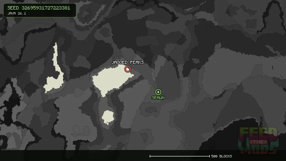 Jagged Peaks highlighted, 320 blocks from spawn