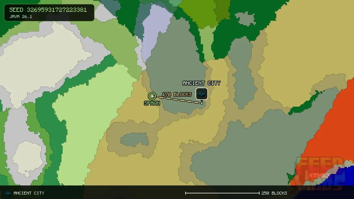 Route from spawn to the ancient city at 64, 32 (170 blocks)