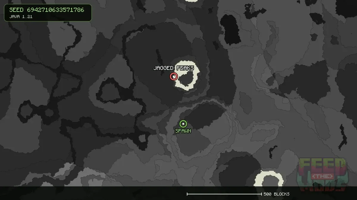 Jagged Peaks highlighted, 326 blocks from spawn