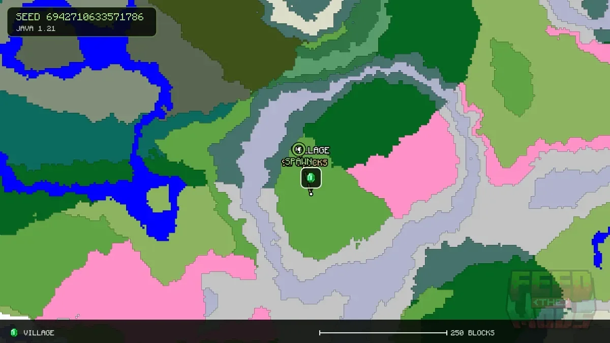 Route from spawn to the village at 32, 96 (91 blocks)