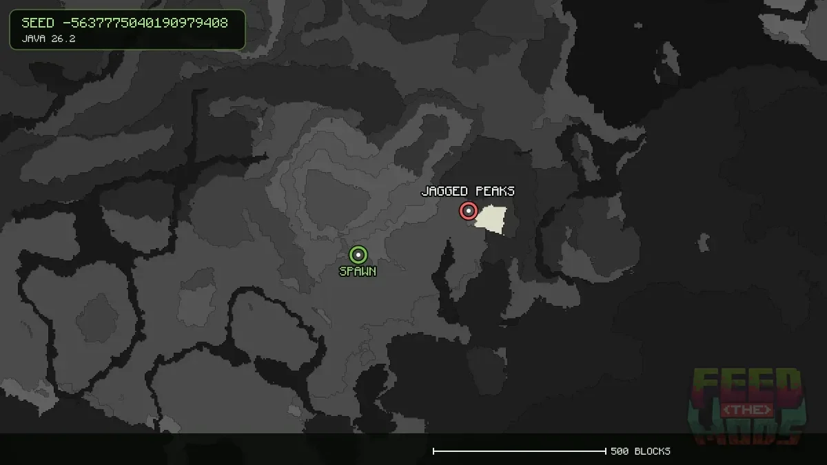 Jagged Peaks highlighted, 345 blocks from spawn
