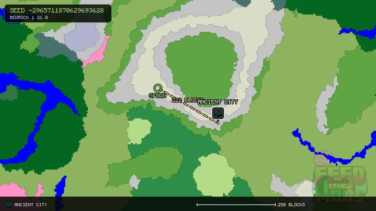 Route from spawn to the ancient city at 200, 120 (222 blocks)