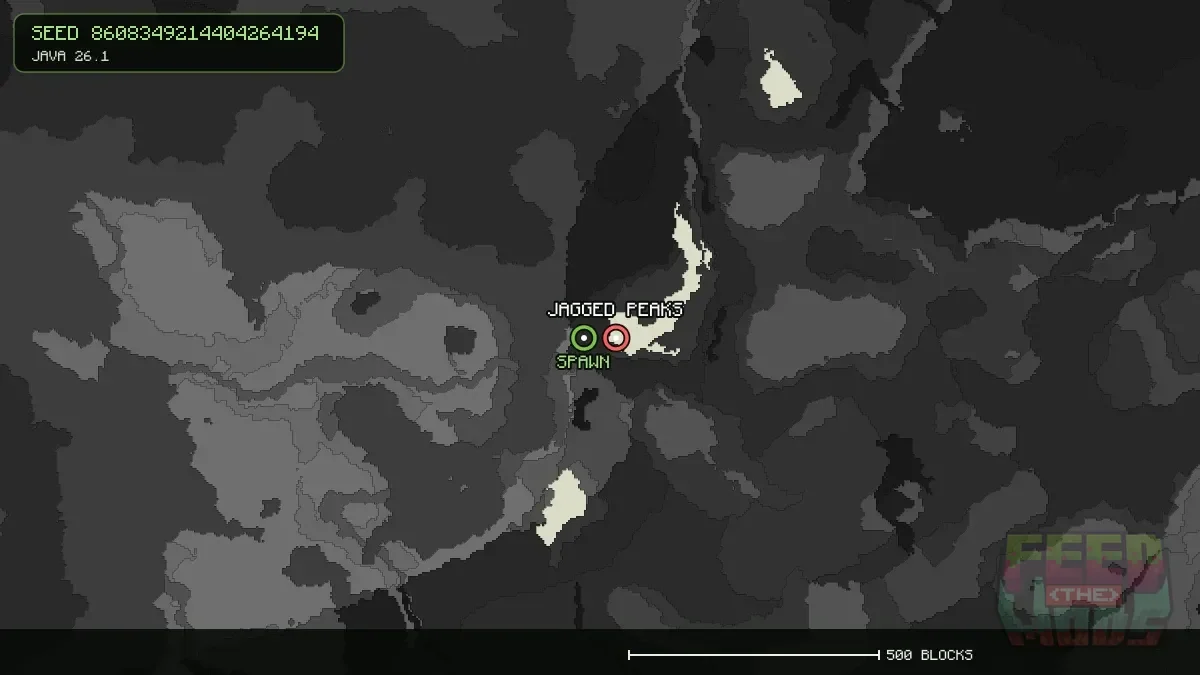 Jagged Peaks highlighted, 64 blocks from spawn