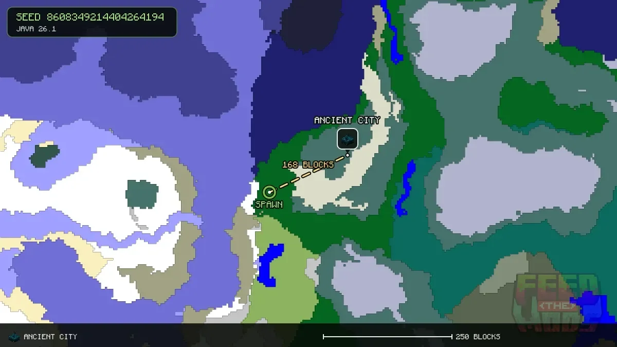 Route from spawn to the ancient city at 1152, 416 (168 blocks)