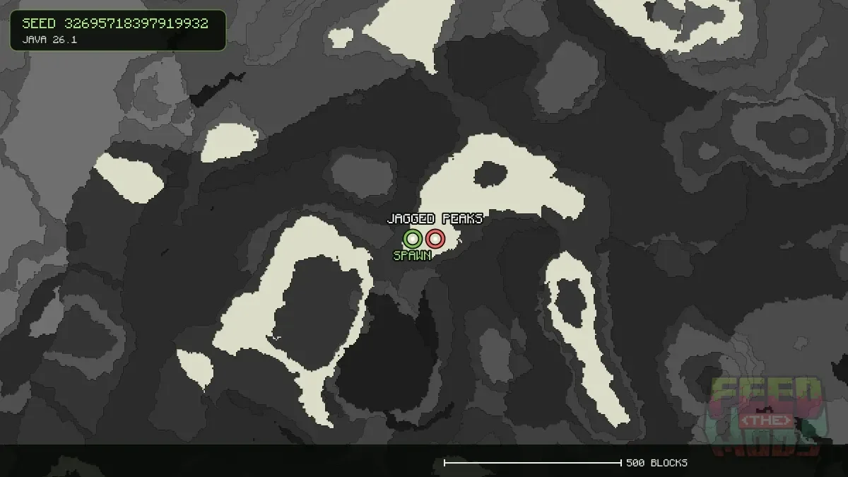 Jagged Peaks highlighted, 64 blocks from spawn