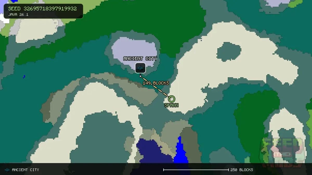 Route from spawn to the ancient city at 128, -224 (149 blocks)