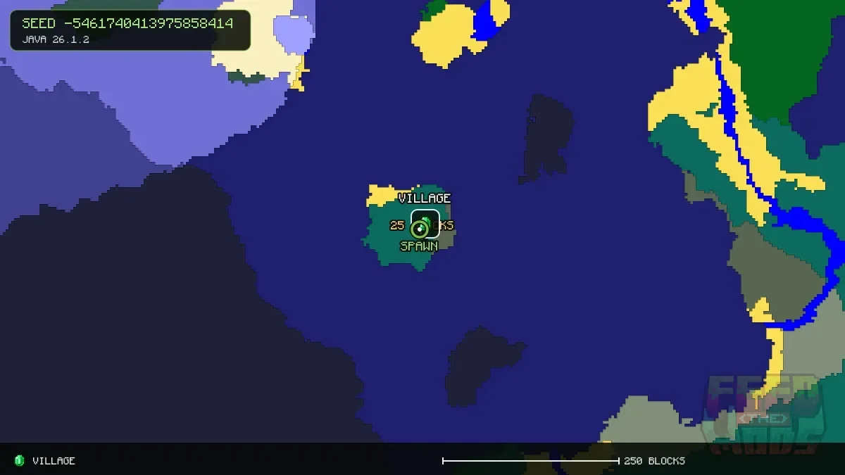 Route from spawn to the village at 16, 32 (25 blocks)