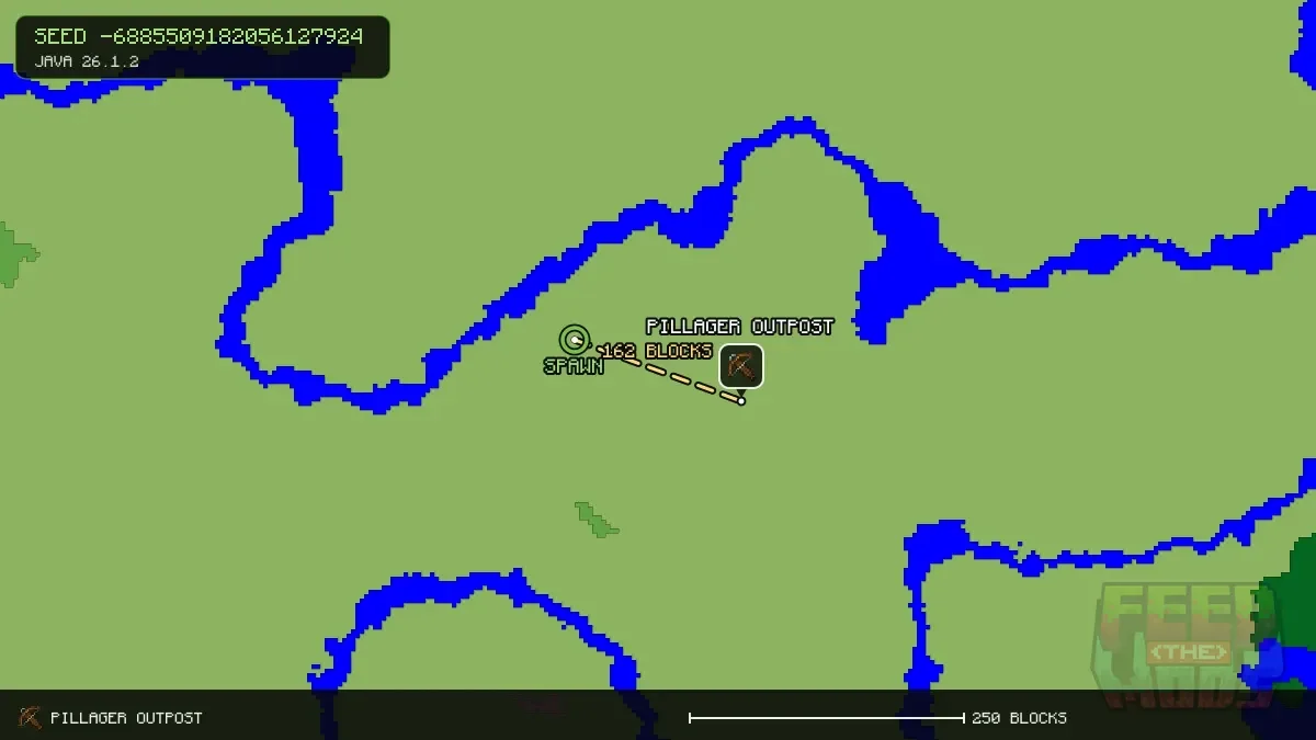 Route from spawn to the pillager outpost at 160, 64 (162 blocks)