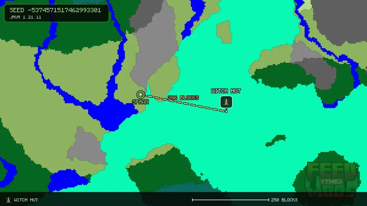 Route from spawn to the witch hut at 288, 64 (286 blocks)