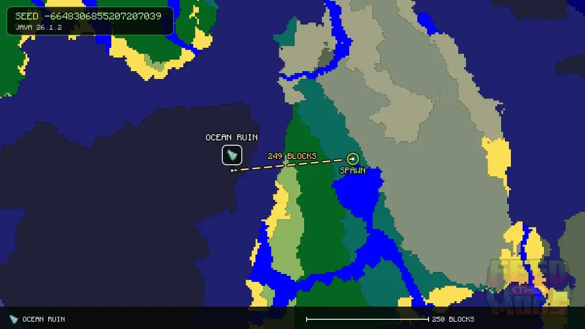 Route from spawn to the ocean ruin at -240, 32 (249 blocks)