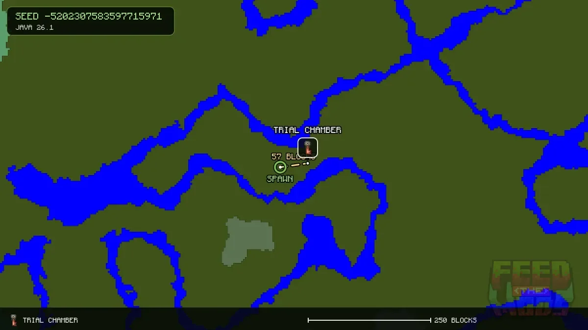 Route from spawn to the trial chamber at 32, 48 (57 blocks)