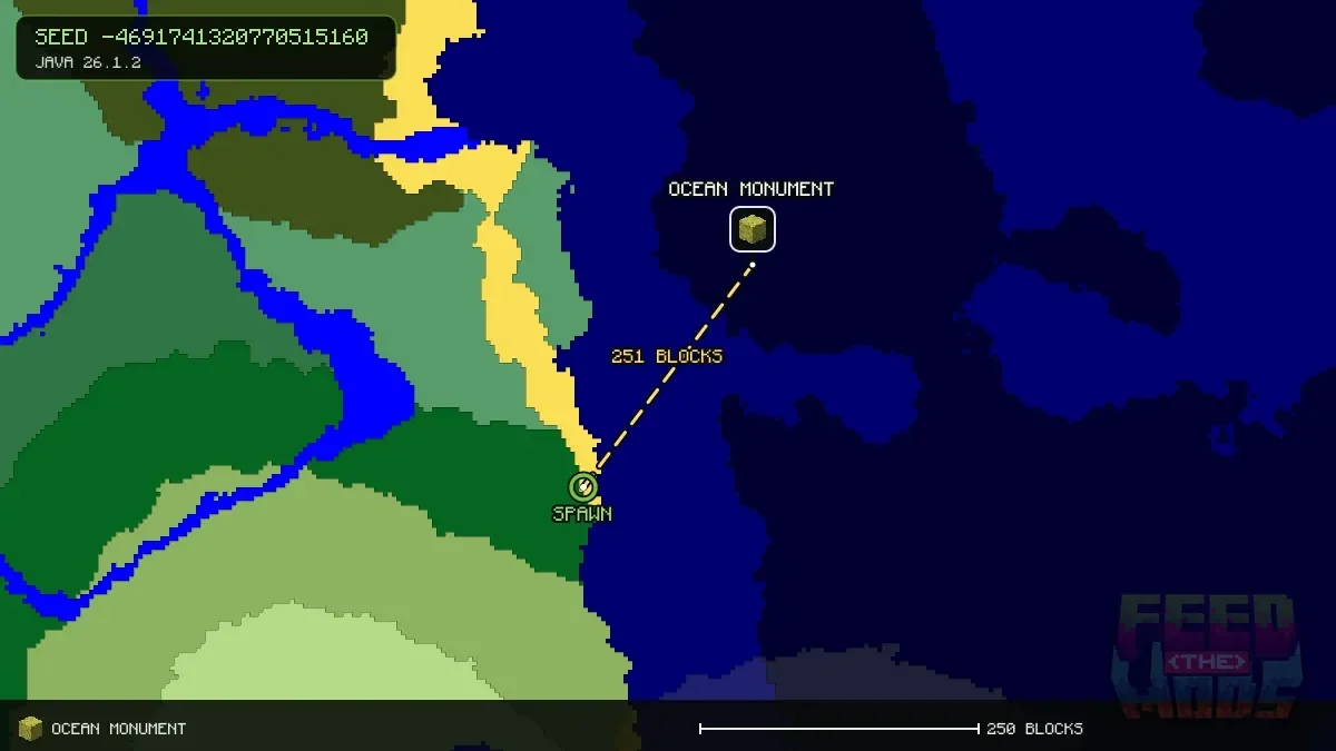Route from spawn to the ocean monument at 160, -192 (251 blocks)