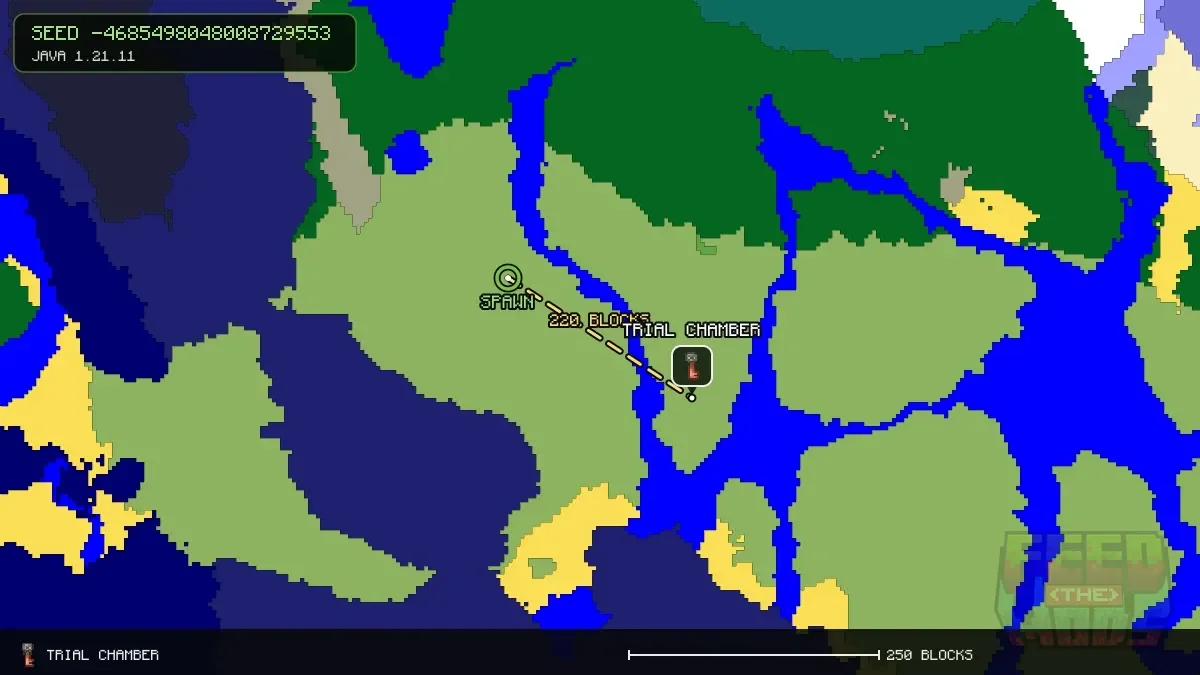 Route from spawn to the trial chamber at 192, 128 (220 blocks)