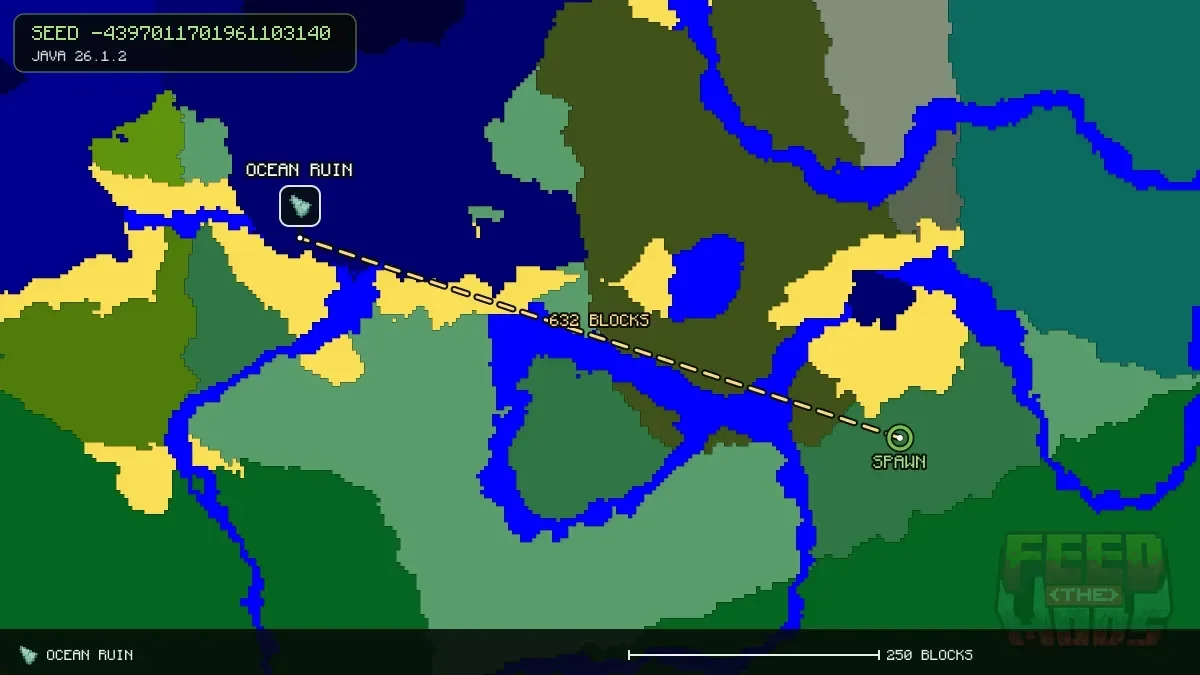Route from spawn to the ocean ruin at -592, -192 (632 blocks)