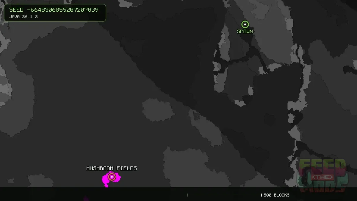 Mushroom Fields highlighted, 1361 blocks from spawn