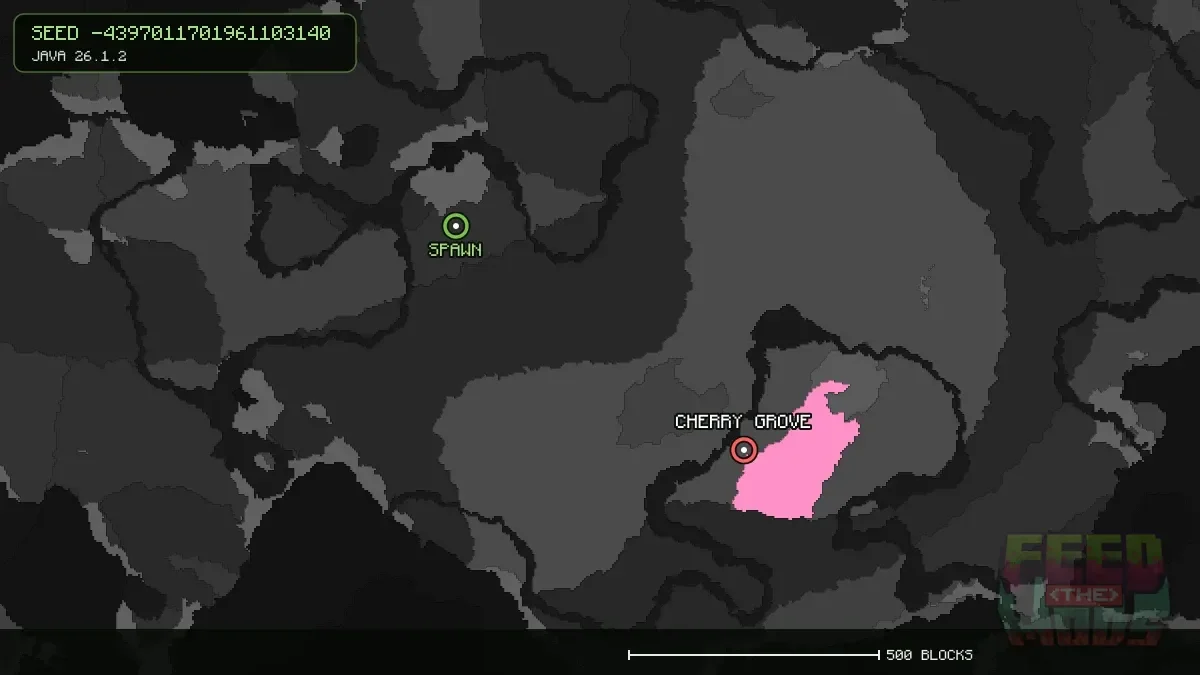 Cherry Grove highlighted, 730 blocks from spawn
