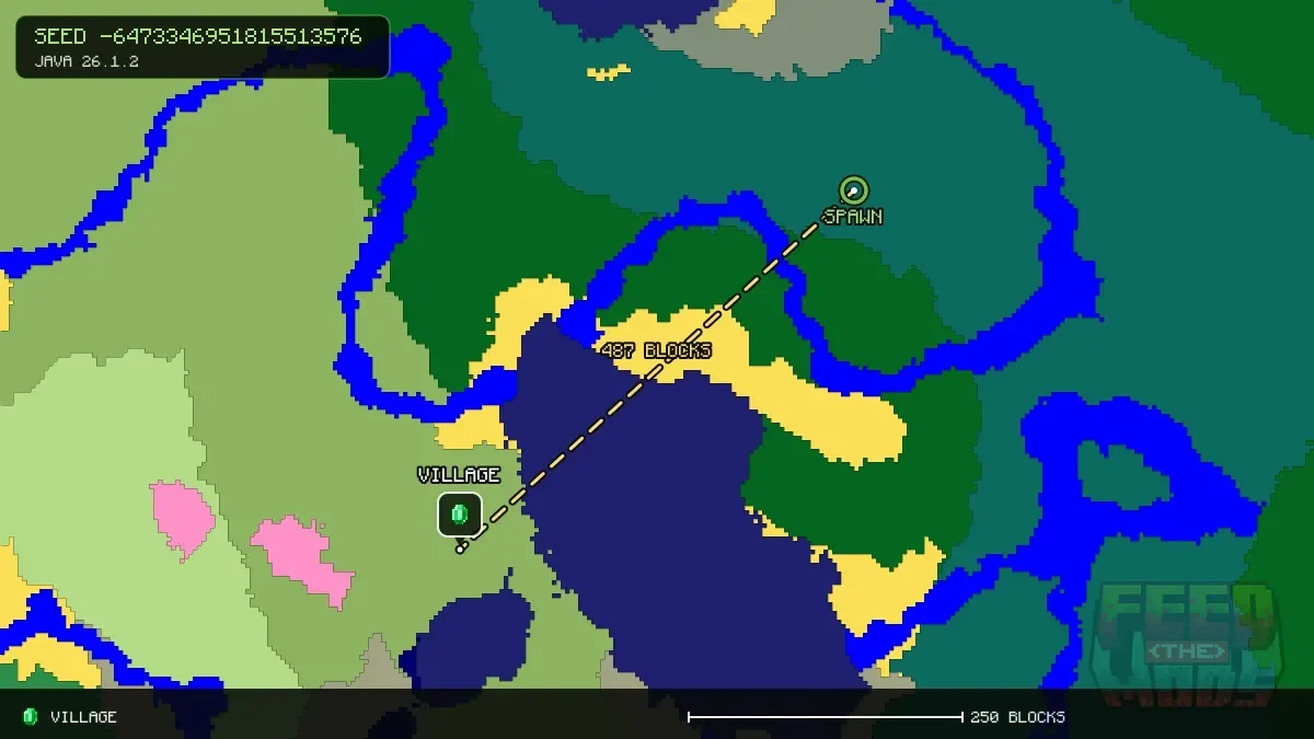 Route from spawn to the village at -352, 336 (487 blocks)