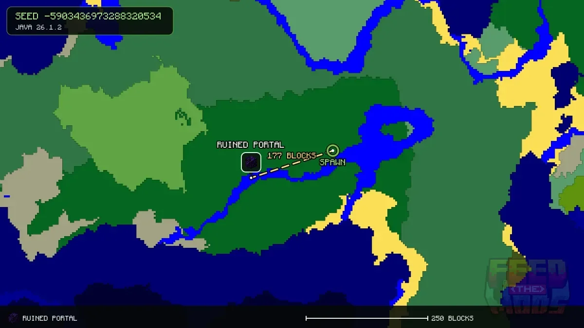 Route from spawn to the ruined portal at -256, 64 (177 blocks)