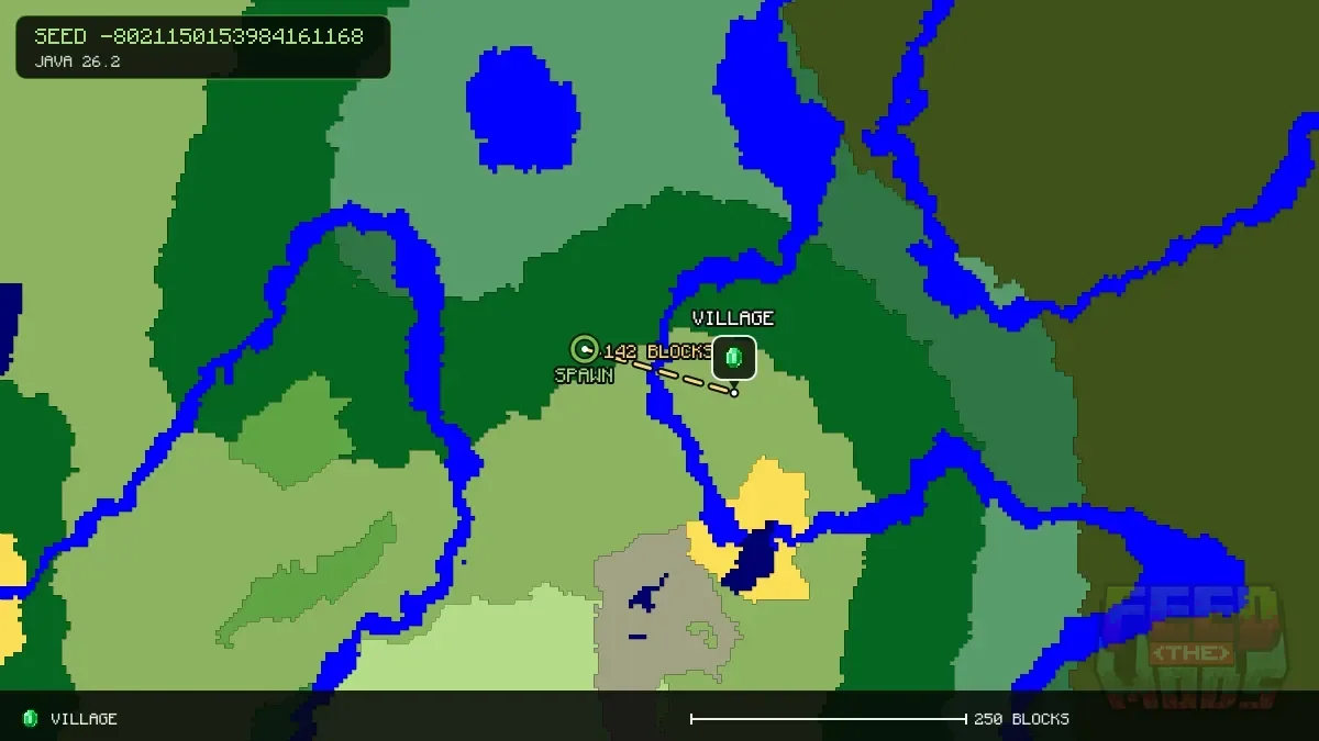 Route from spawn to the village at 144, 48 (142 blocks)
