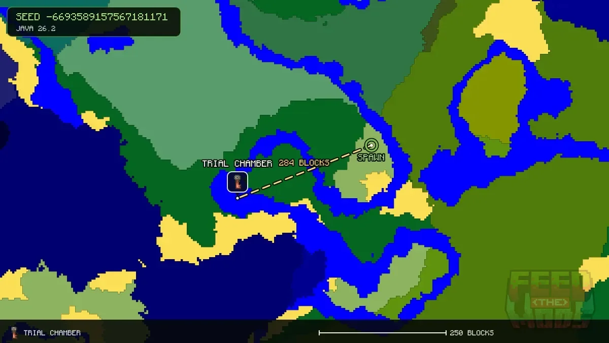 Route from spawn to the trial chamber at -368, 112 (284 blocks)
