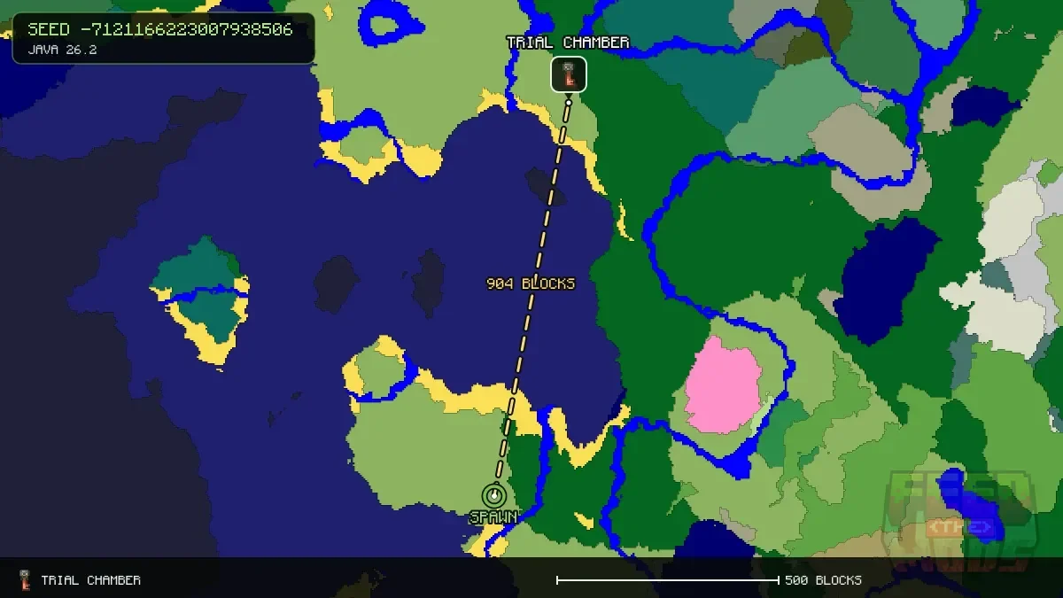 Route from spawn to the trial chamber at 240, -976 (904 blocks)