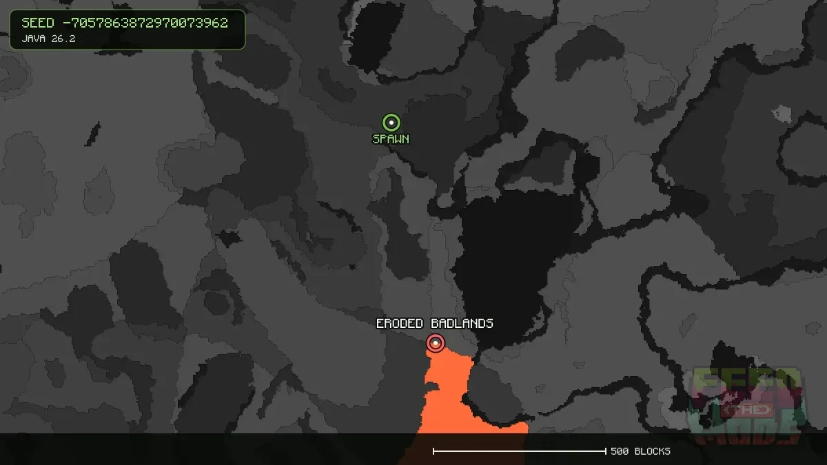 Eroded Badlands highlighted, 653 blocks from spawn