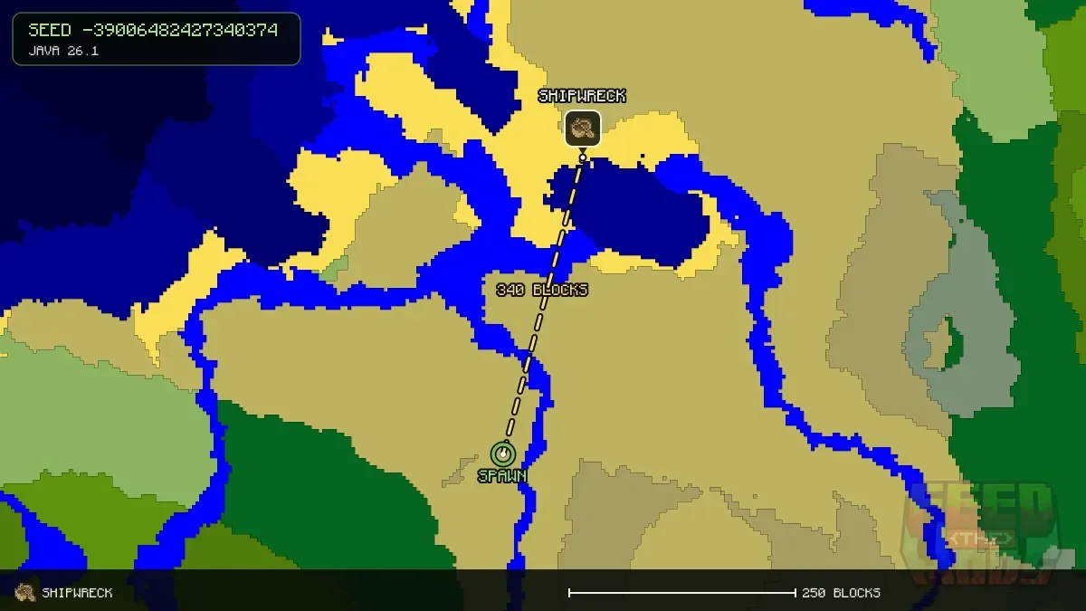 Route from spawn to the shipwreck at 96, -320 (340 blocks)