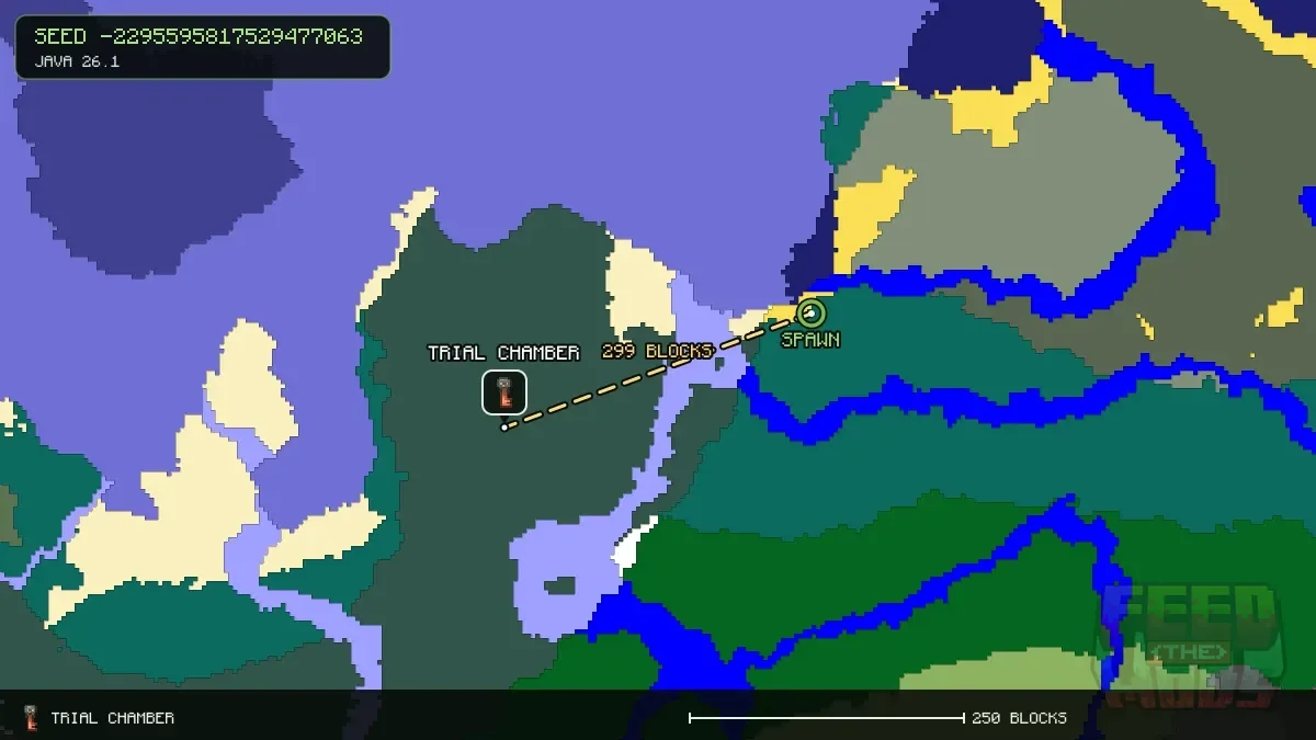 Route from spawn to the trial chamber at -256, 192 (299 blocks)