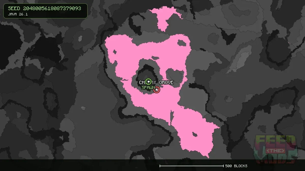 Cherry Grove highlighted, 91 blocks from spawn