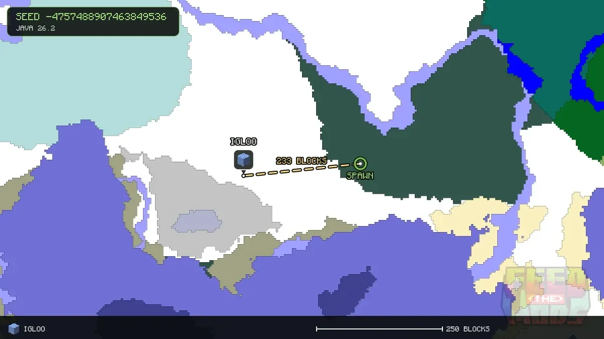 Route from spawn to the igloo at -224, 32 (233 blocks)