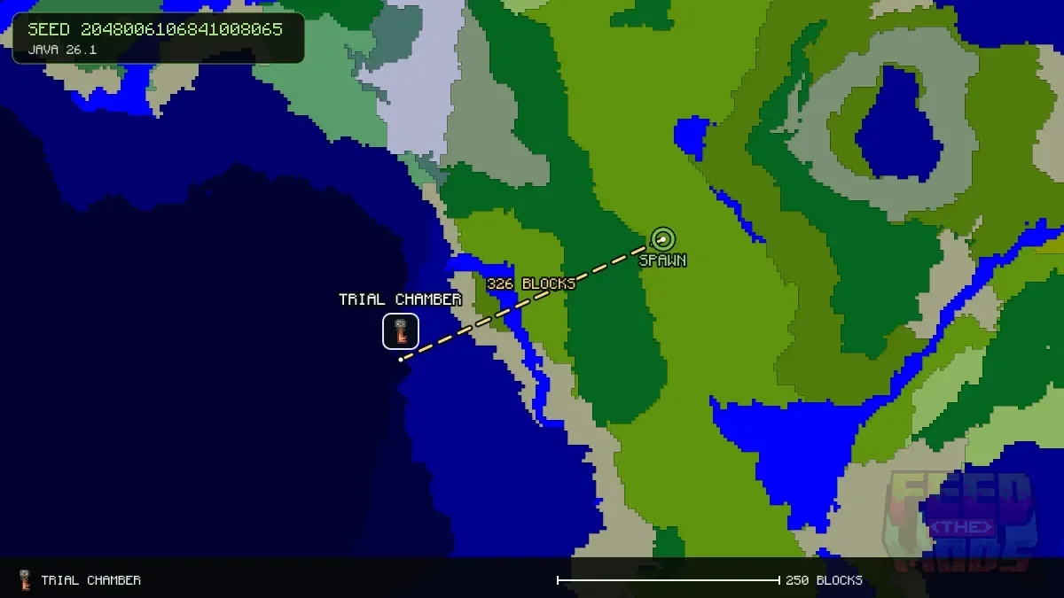 Route from spawn to the trial chamber at -496, 240 (326 blocks)