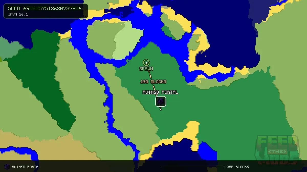 Route from spawn to the ruined portal at 16, 256 (192 blocks)