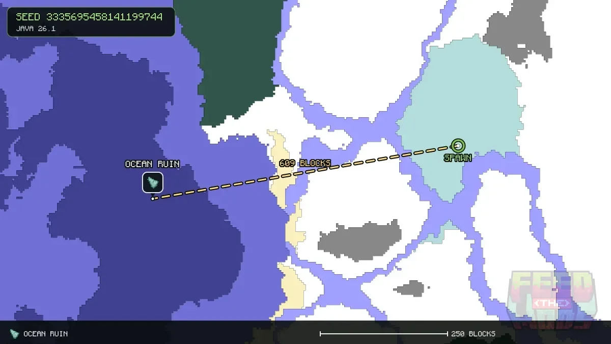 Route from spawn to the ocean ruin at -624, 64 (609 blocks)