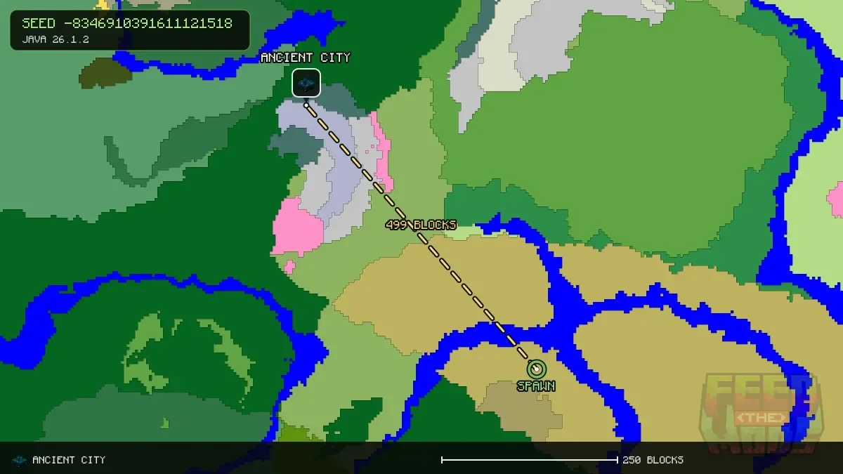 Route from spawn to the ancient city at -352, -336 (499 blocks)