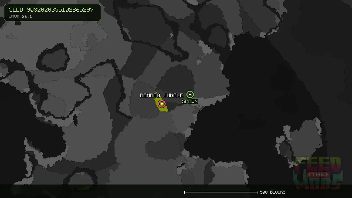 Bamboo Jungle highlighted, 202 blocks from spawn