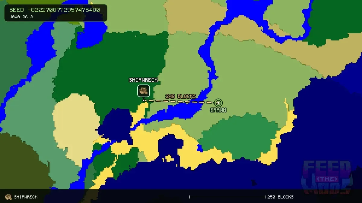 Route from spawn to the shipwreck at -240, 0 (248 blocks)