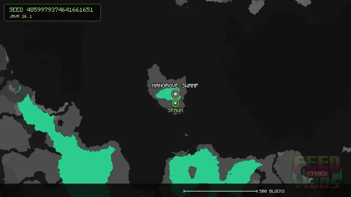 Mangrove Swamp highlighted, 64 blocks from spawn