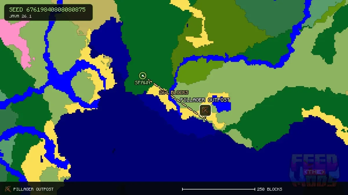 Route from spawn to the pillager outpost at 368, 96 (264 blocks)