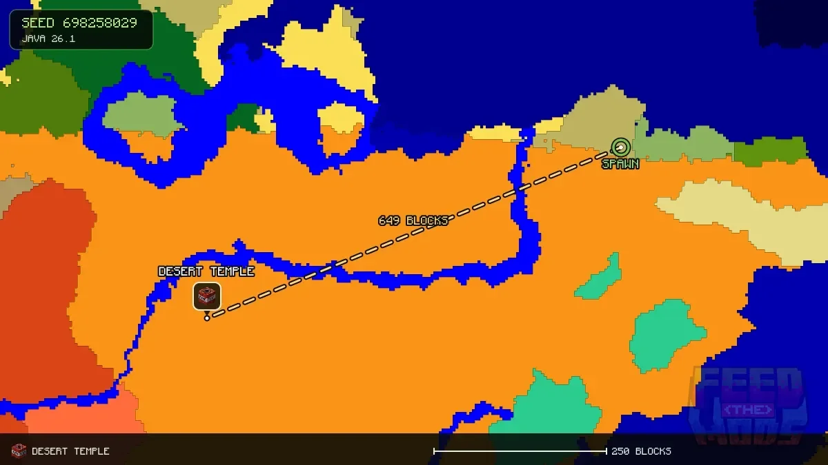 Route from spawn to the desert temple at -656, 368 (649 blocks)