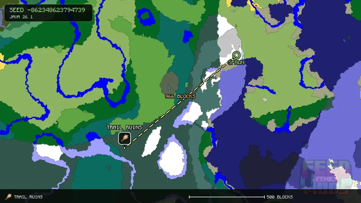 Route from spawn to the trail ruins at -864, 560 (966 blocks)