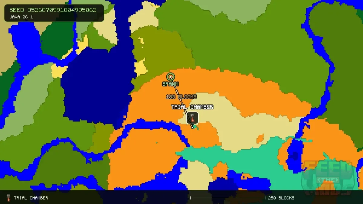 Route from spawn to the trial chamber at 80, 176 (183 blocks)