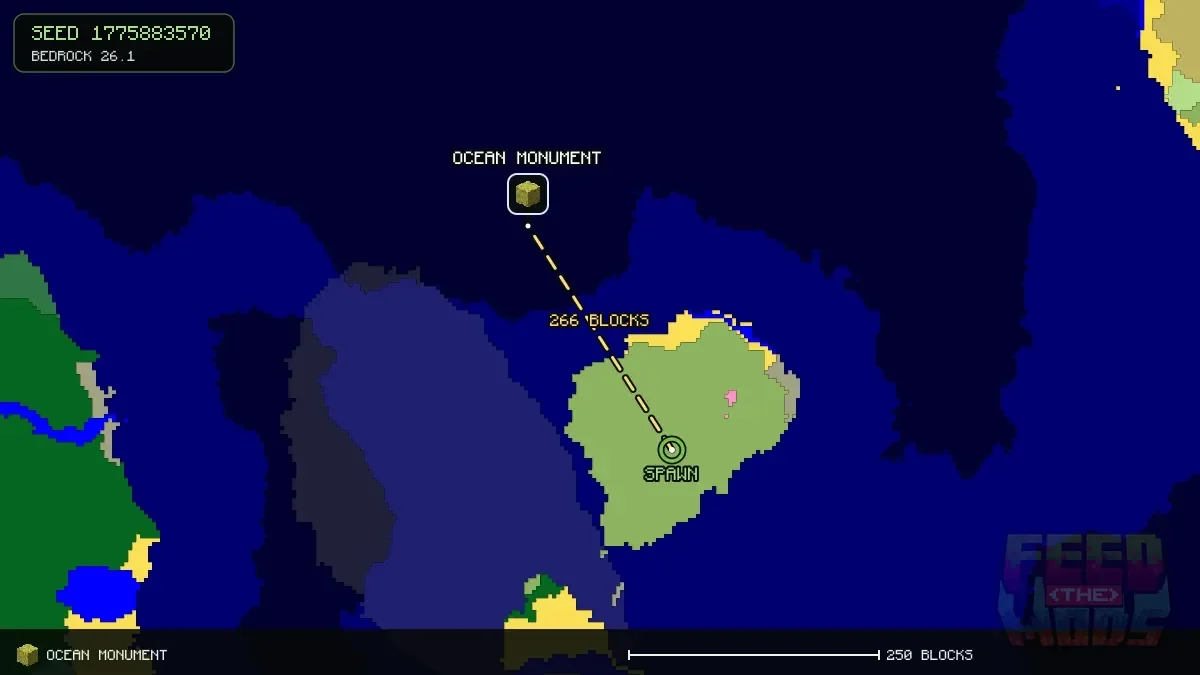 Route from spawn to the ocean monument at -136, -216 (266 blocks)