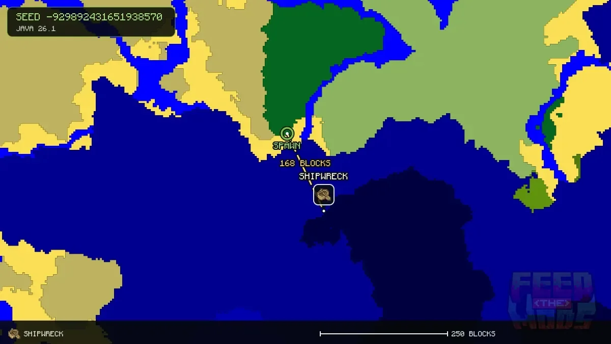 Route from spawn to the shipwreck at 64, 144 (168 blocks)