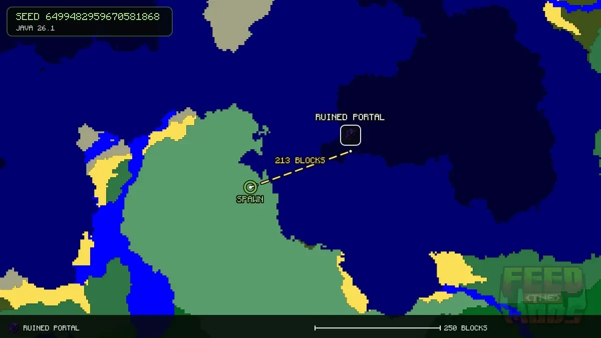 Route from spawn to the ruined portal at 96, 192 (213 blocks)