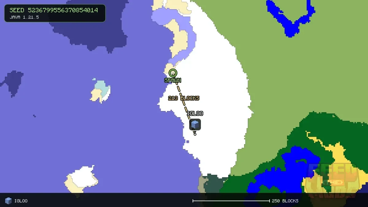 Route from spawn to the igloo at 608, 288 (213 blocks)