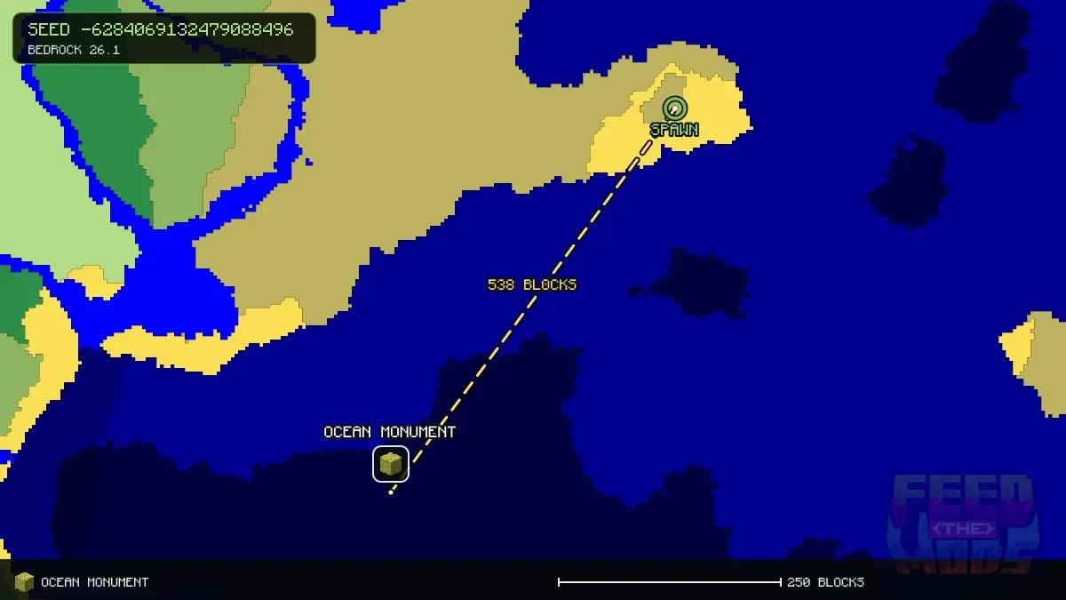 Route from spawn to the ocean monument at -856, -312 (538 blocks)