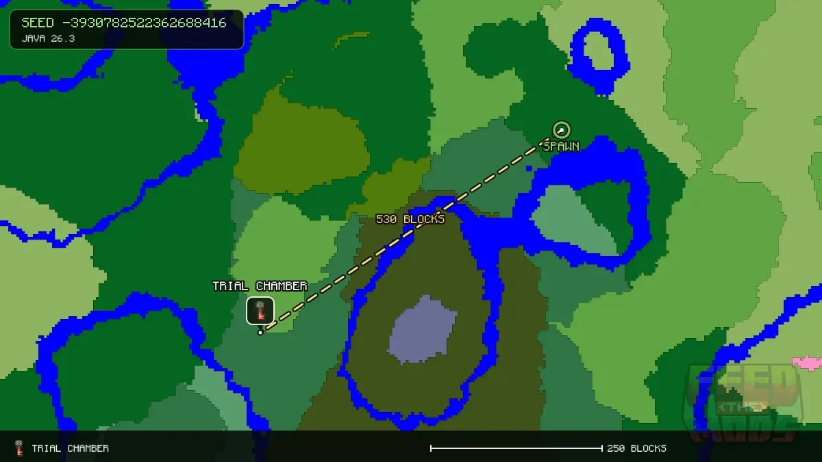 Route from spawn to the trial chamber at -544, 272 (530 blocks)