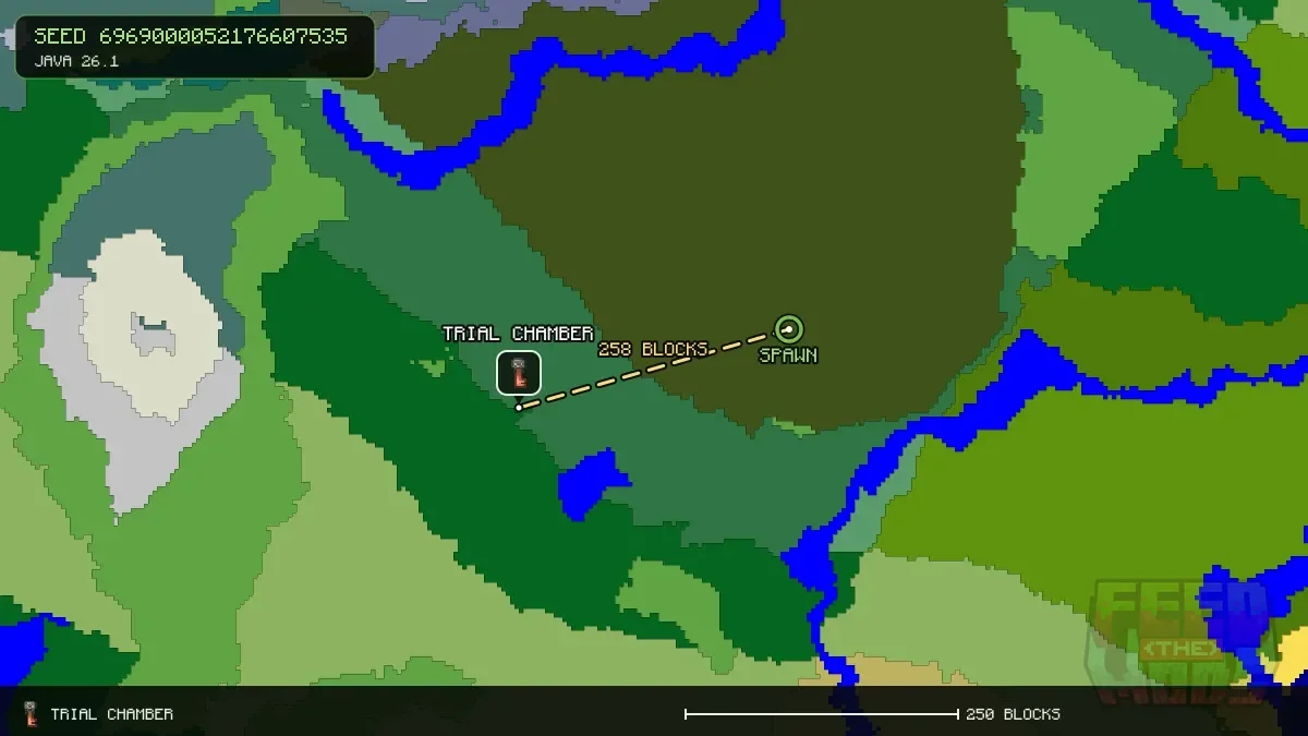 Route from spawn to the trial chamber at -240, 80 (258 blocks)